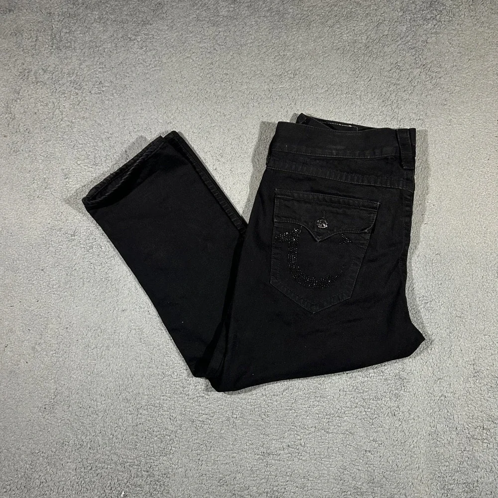 True Religion Men's 36 Ricky Relaxed Straight Black Denim Jeans #3319